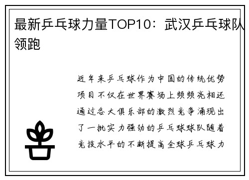 最新乒乓球力量TOP10：武汉乒乓球队领跑