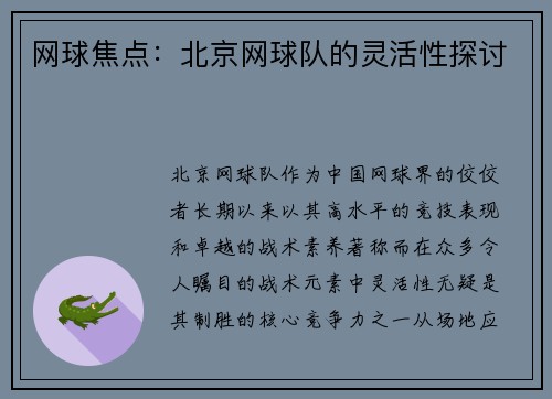 网球焦点：北京网球队的灵活性探讨