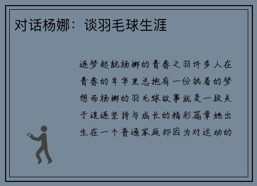 对话杨娜：谈羽毛球生涯