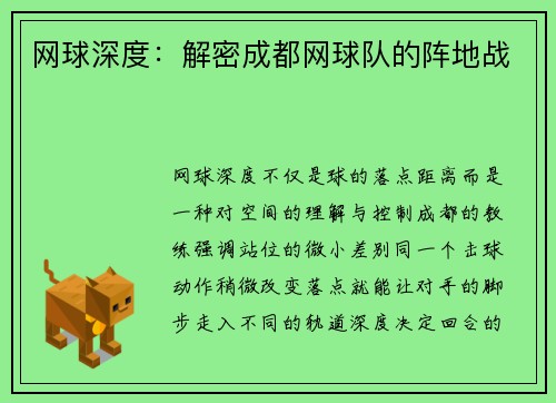 网球深度：解密成都网球队的阵地战