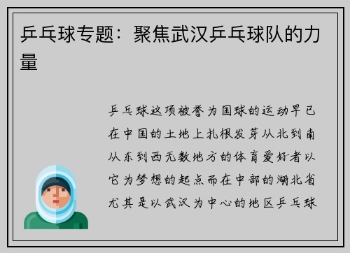 乒乓球专题:聚焦武汉乒乓球队的力量